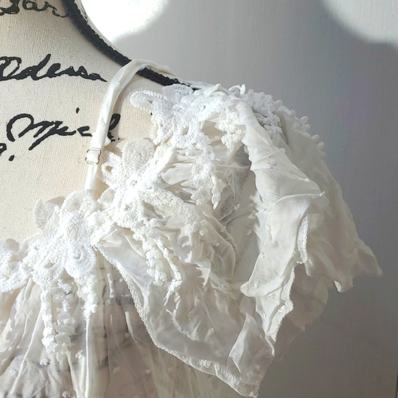 Womens White Swiss dot semi Sheer Crochet Detail Ruffle Off ShoulderTop Sz.Large - Picture 2 of 6